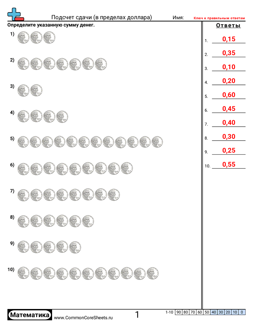 Рабочие Листы по теме Деньги - Подсчёт монет (в пределах доллара) worksheet