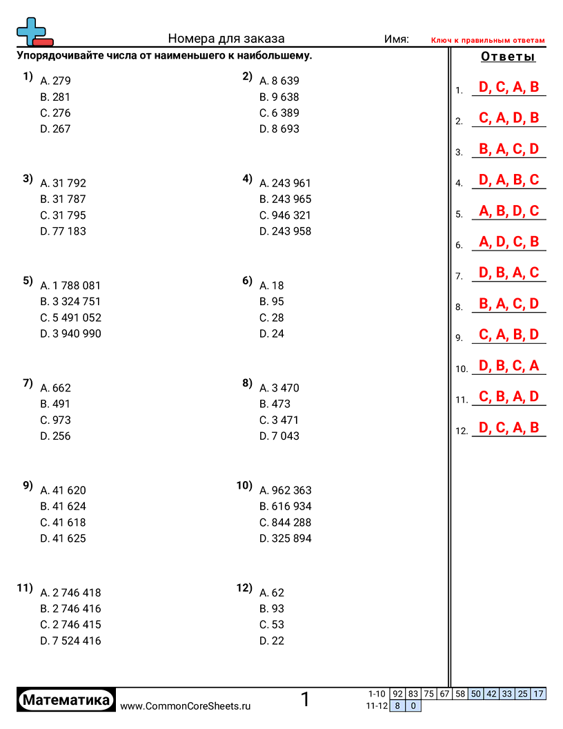 Разряд и Вес Разряда - Сравнение трёхзначных чисел worksheet