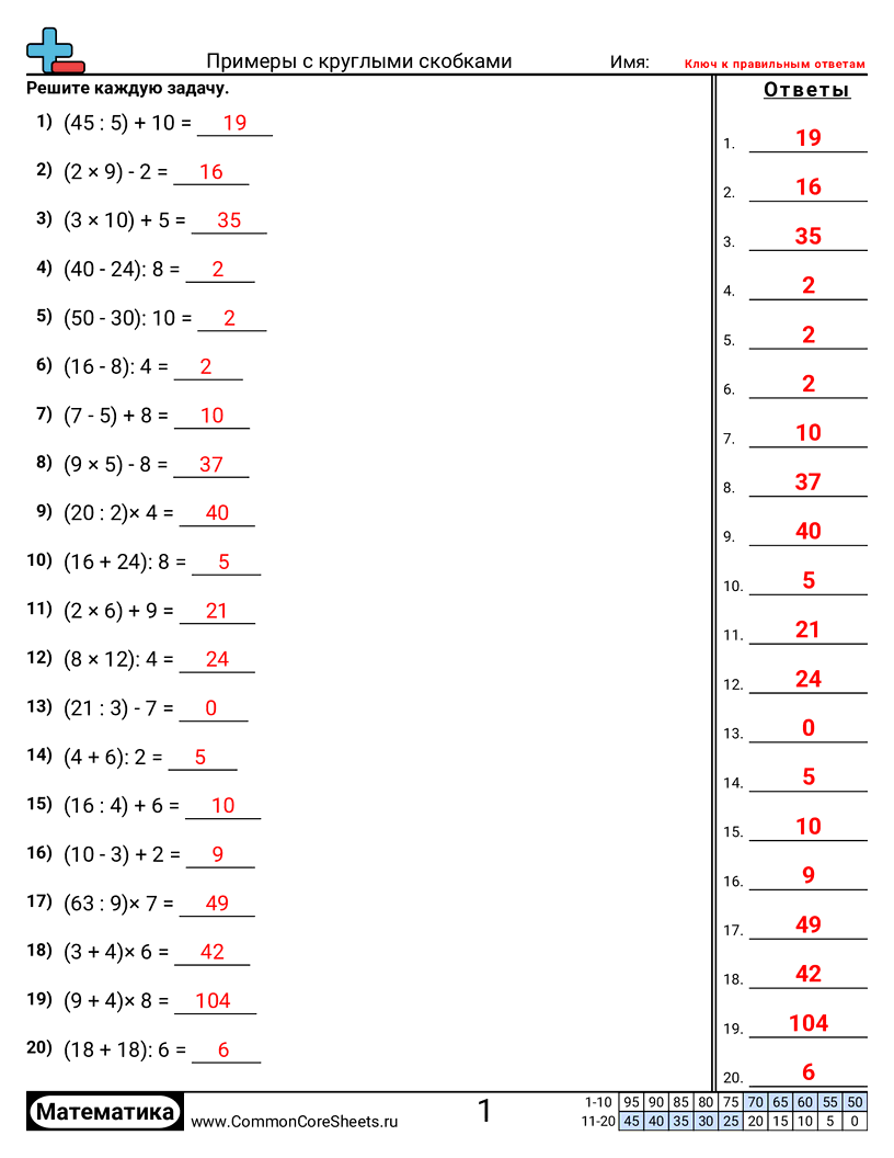 Рабочие Листы с Многоступенчатыми Задачами - Решение со скобками worksheet
