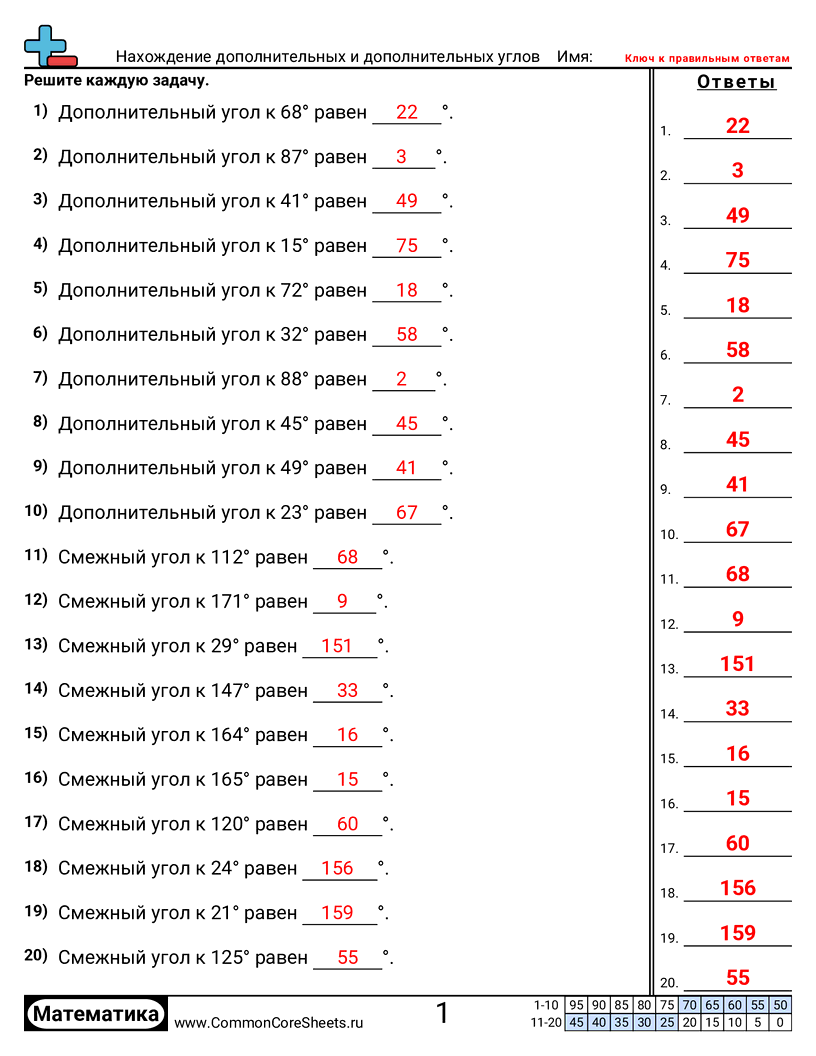 Рабочие Листы по Углам - Нахождение дополнительных и смежных углов worksheet