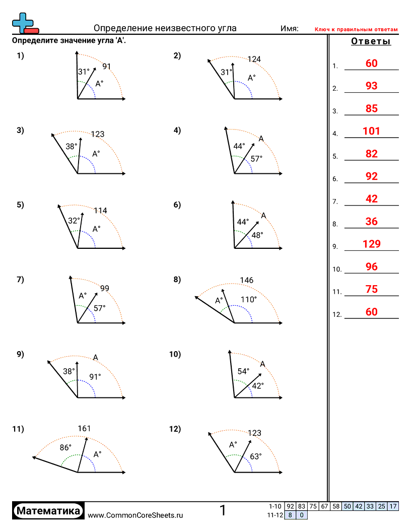 Рабочие Листы по Углам - Нахождение пропущенного угла worksheet