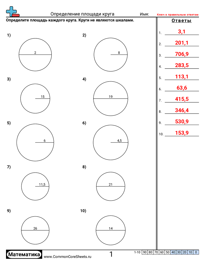 Рабочие Листы на определение Площади и Периметра - площадь-круга worksheet