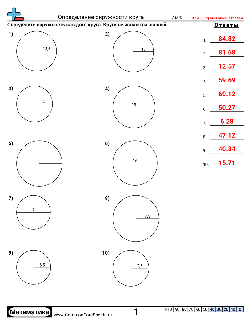 Рабочие Листы на определение Площади и Периметра - длина-окружности-круга worksheet
