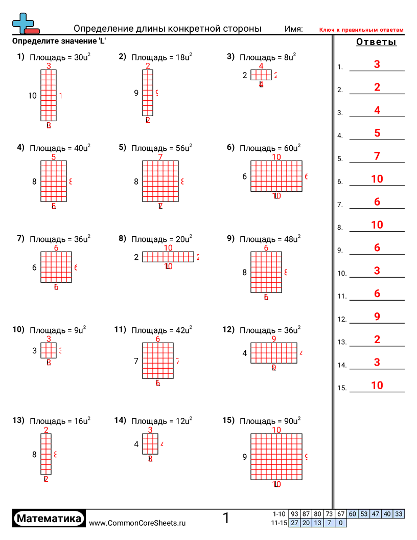 Рабочие Листы на определение Площади и Периметра - пропущенная-сторона-площадь-e worksheet