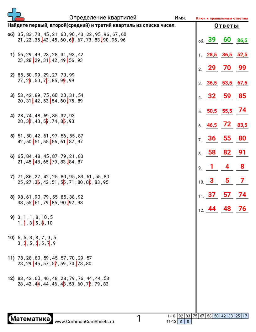 Рабочие Листы с Ящиками с Усами - нахождение-квартилей worksheet