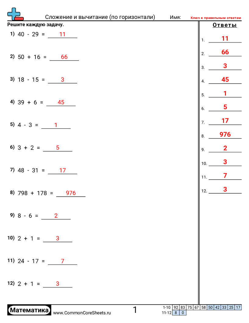 Рабочие Листы на Сложение - сложение-и-вычитание-горизонтально worksheet