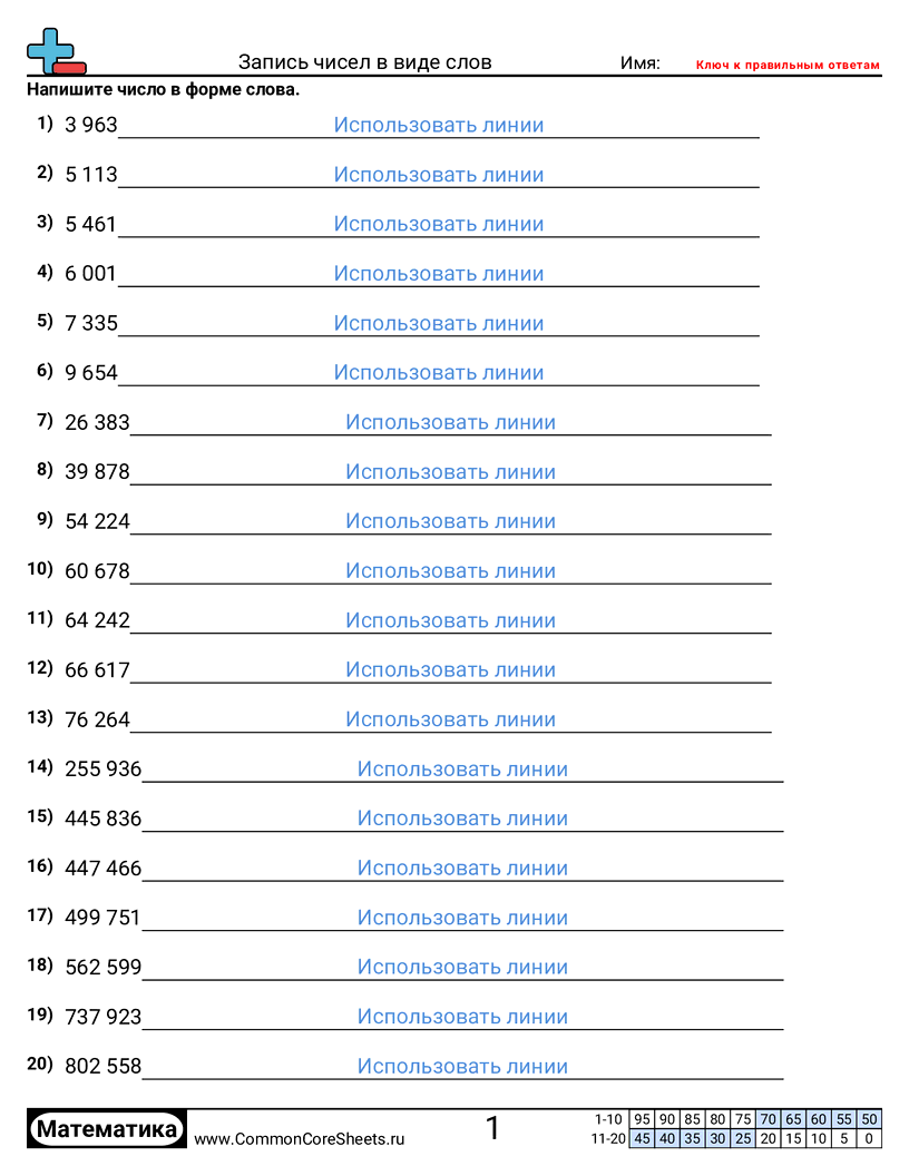 Рабочие Листы на Преобразование Форм - запись-чисел-словами worksheet