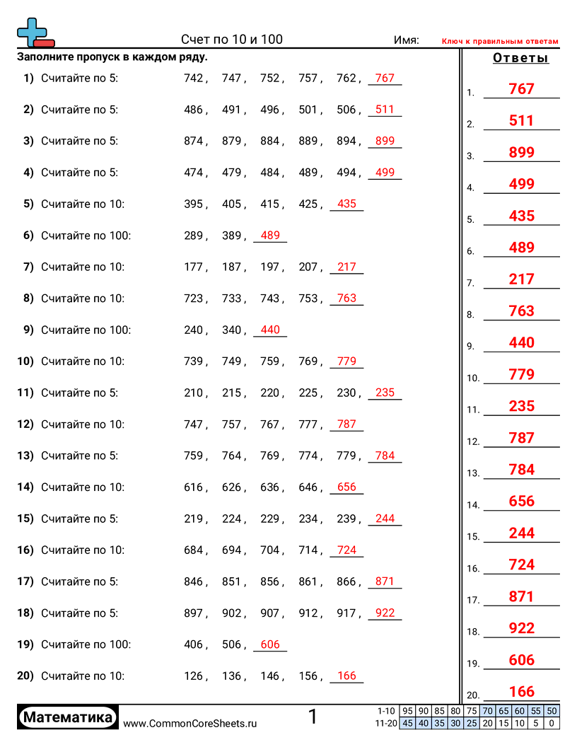 Рабочие листы на Счет - счёт-по-10-100-пропуски worksheet