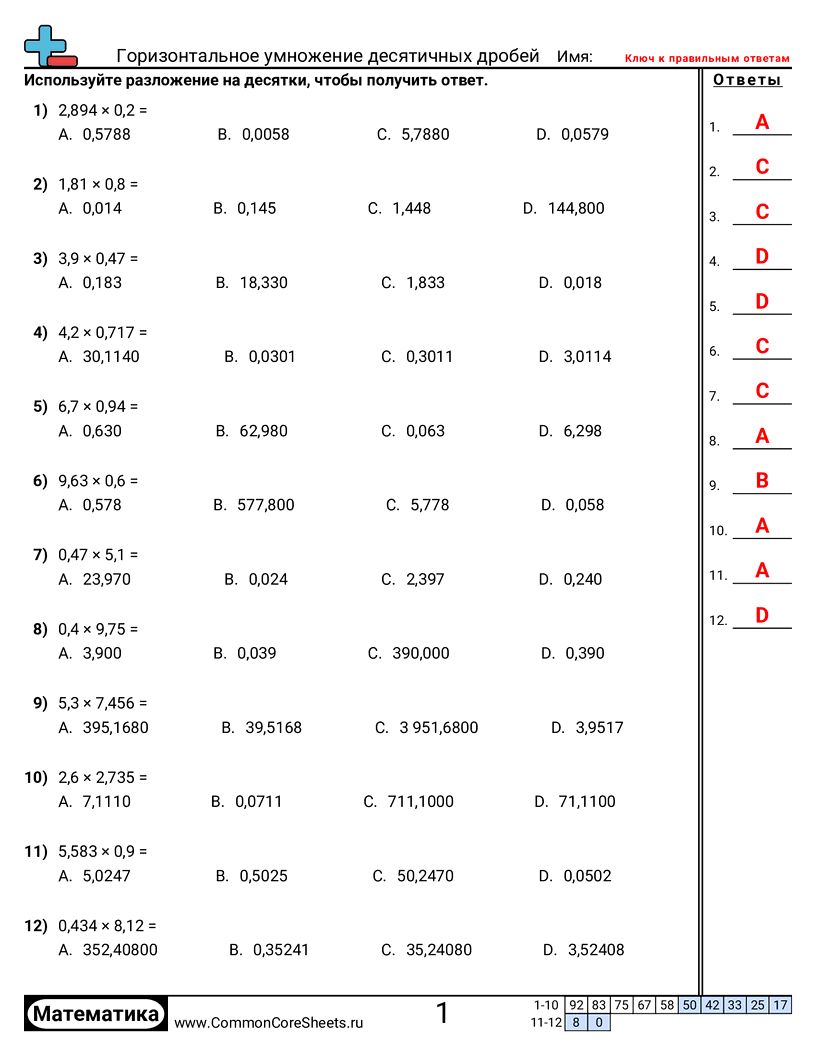 Рабочие Листы с Десятичными Дробями - оценка-умножения-десятичных-дробей worksheet