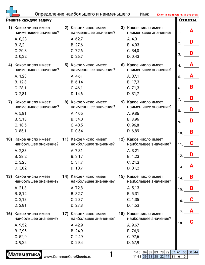 Рабочие Листы с Десятичными Дробями - определение-большего-или-меньшего-значения worksheet