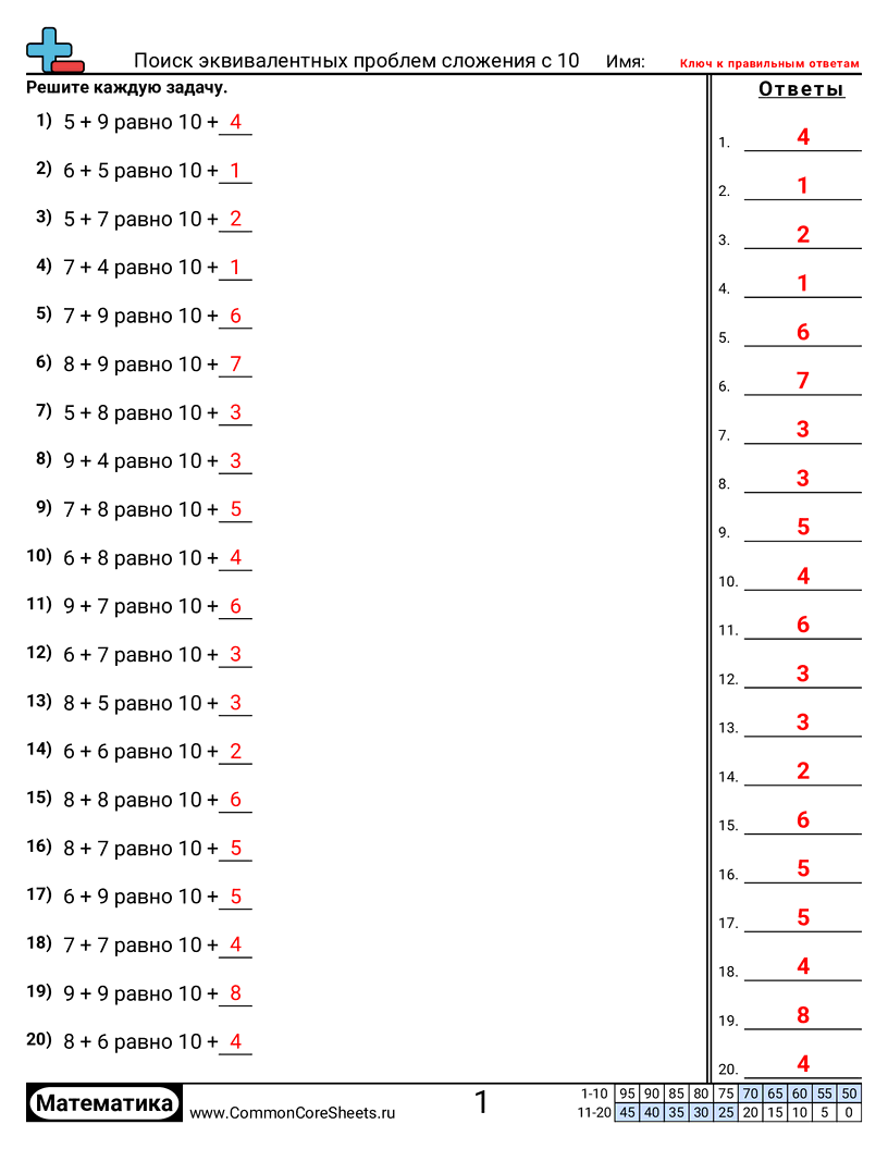 Рабочие Листы на Сложение - нахождение-равных-примеров-на-сложение-с-10 worksheet