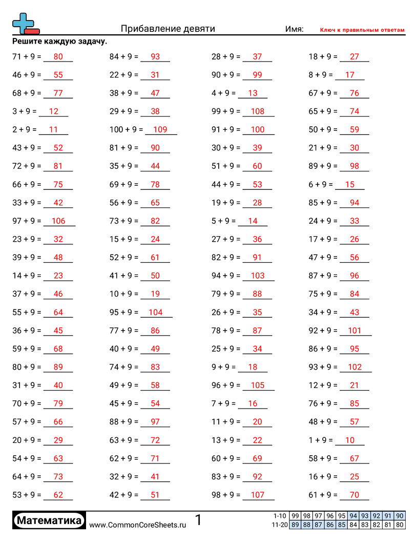 Листы для Математической Практики - сложение-с-9 worksheet