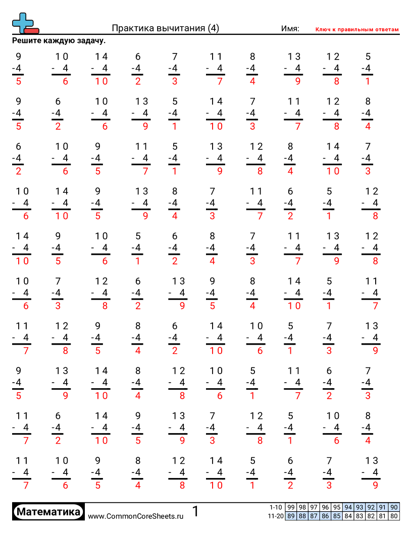 Рабочие Листы на Вычитание - четвёрки worksheet