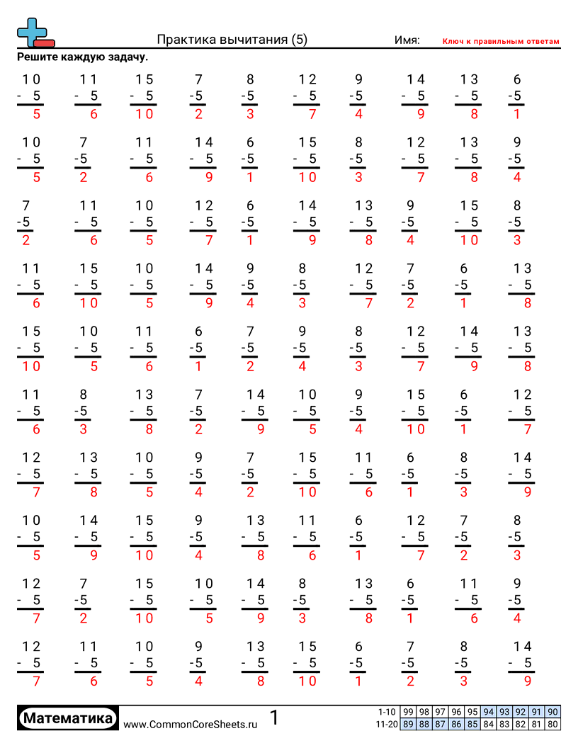 Рабочие Листы на Вычитание - пятёрки worksheet