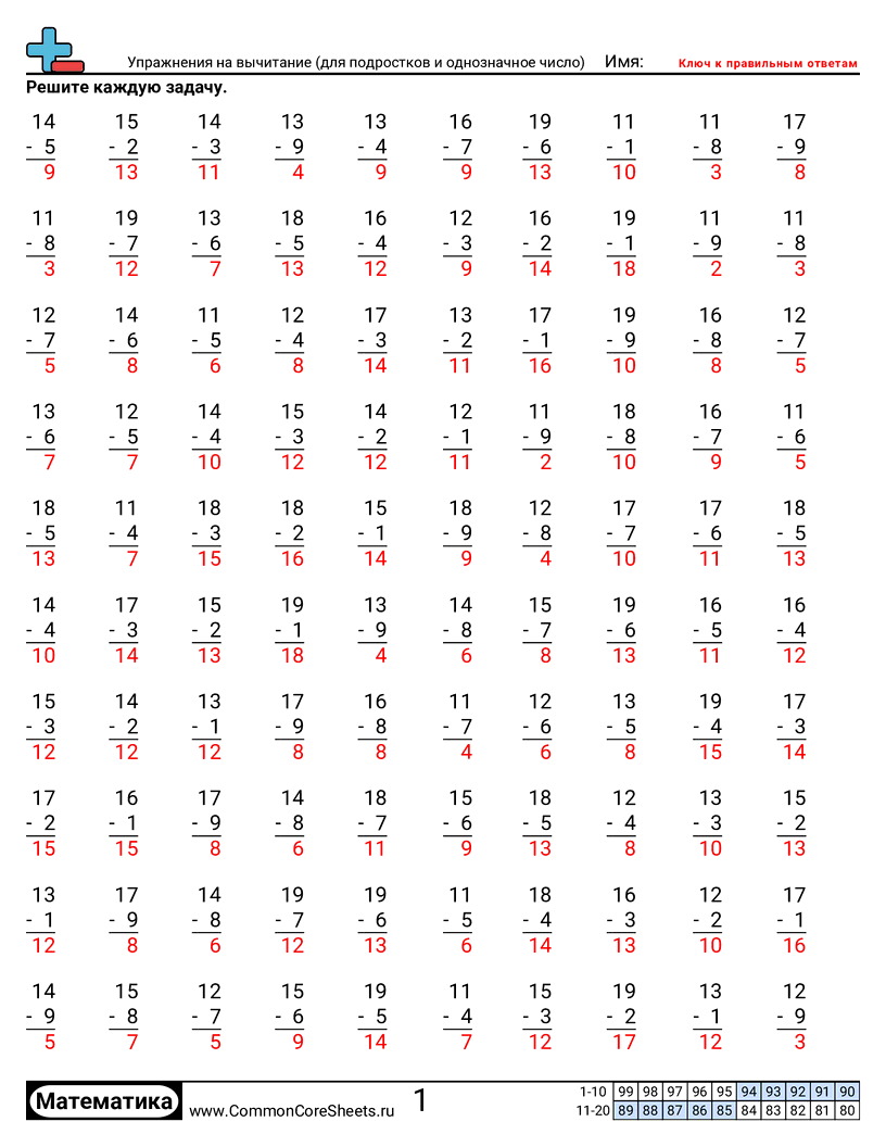 Листы для Математической Практики - тренировка-вычитания-подростковые-числа-и-однозначные worksheet