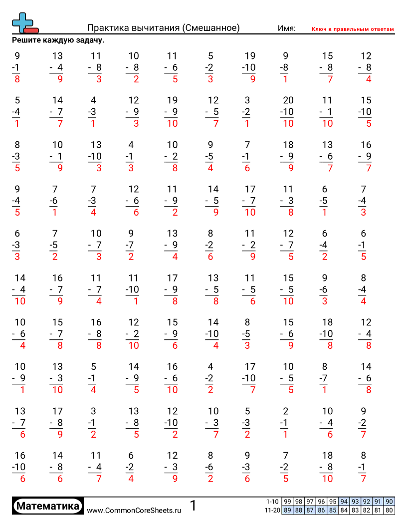 Рабочие Листы на Вычитание - смешанные worksheet