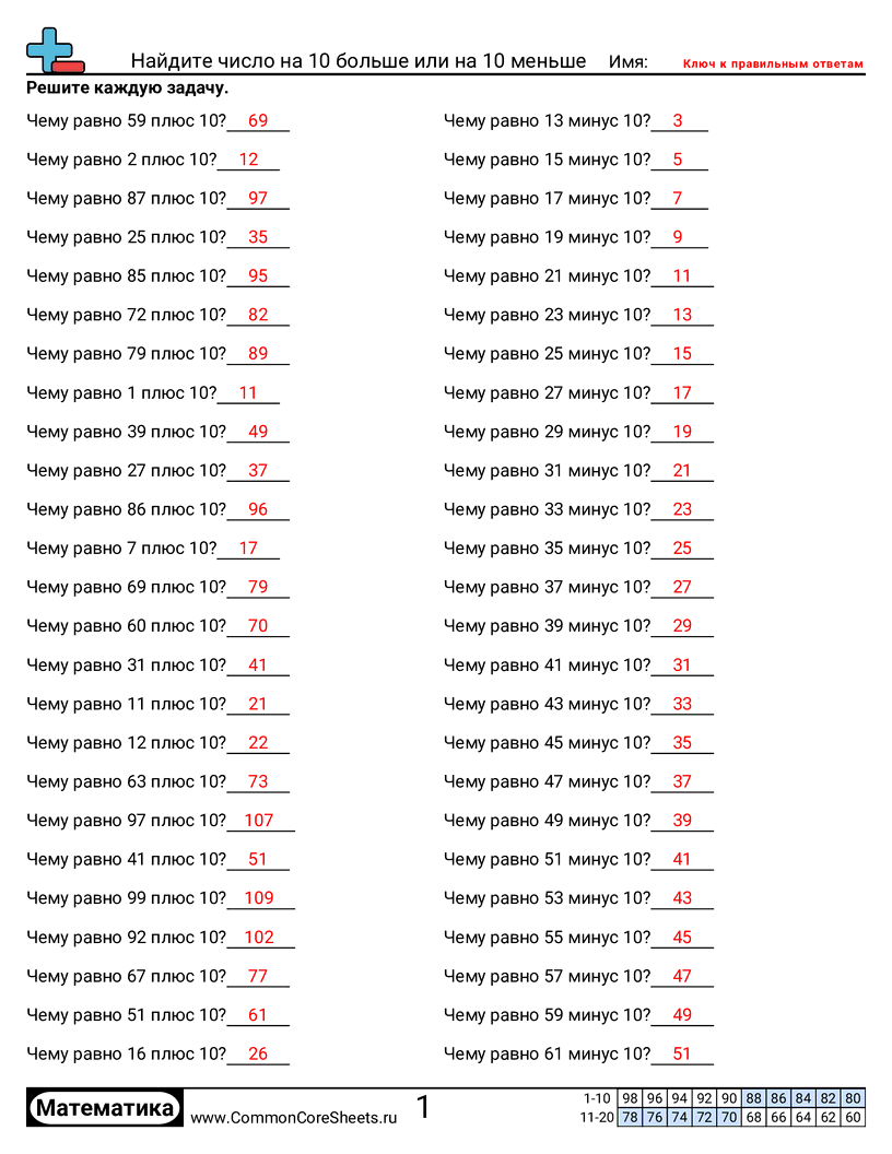 Листы для Математической Практики - нахождение-на-10-больше-и-на-10-меньше worksheet
