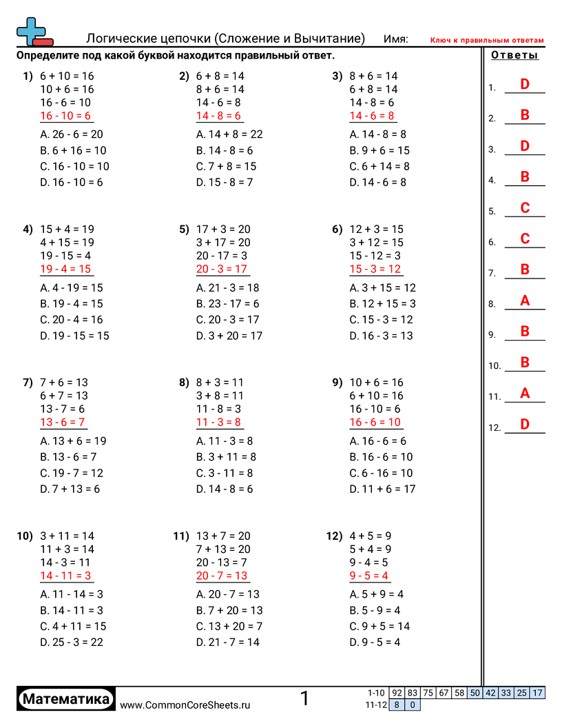 Рабочие Листы с Фактическими Множествами - найти-пропущенный-факт-выбор-ответа worksheet