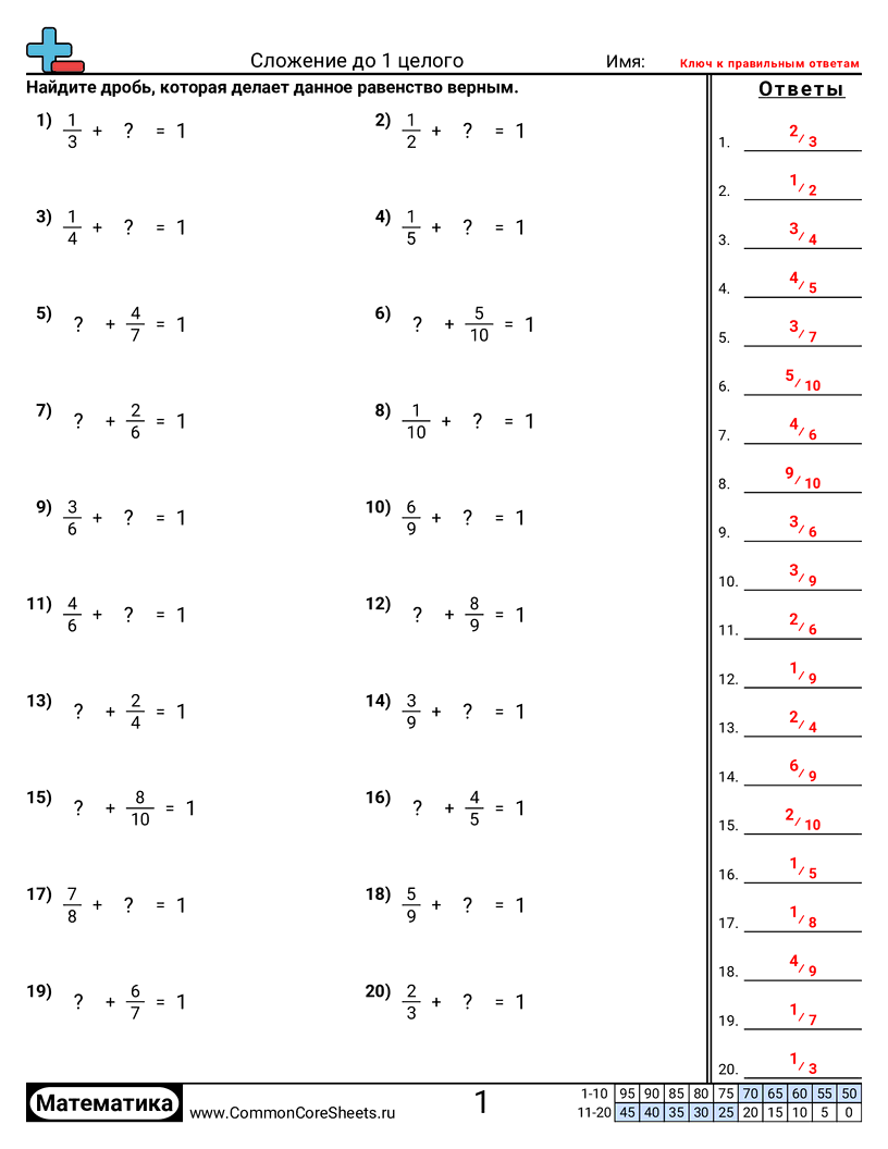 Рабочие Листы с Дробями - сложение-до-1-целого worksheet