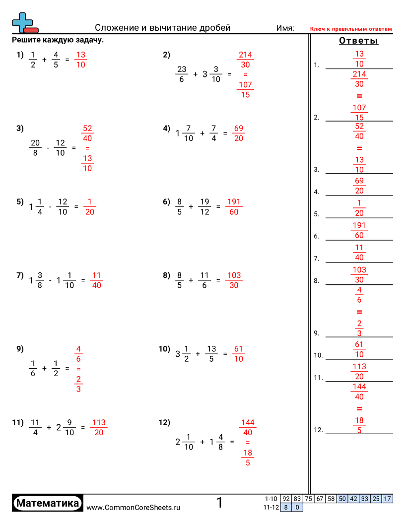 Рабочие Листы с Дробями - разные-знаменатели worksheet