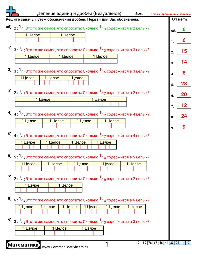 Рабочие Листы с Дробями - деление-на-единичные-дроби-визуально worksheet