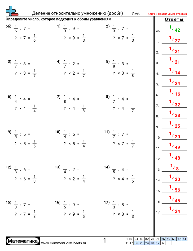 Рабочие Листы с Дробями - деление-относительно-умножения worksheet