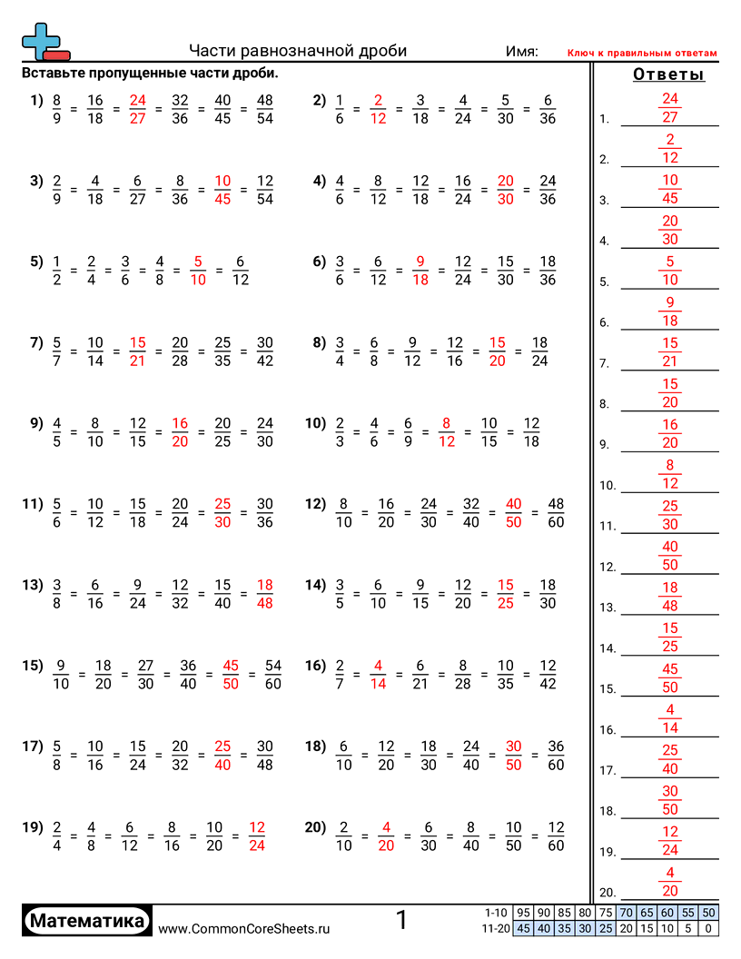 Рабочие Листы с Дробями - заполнение-шаблона worksheet
