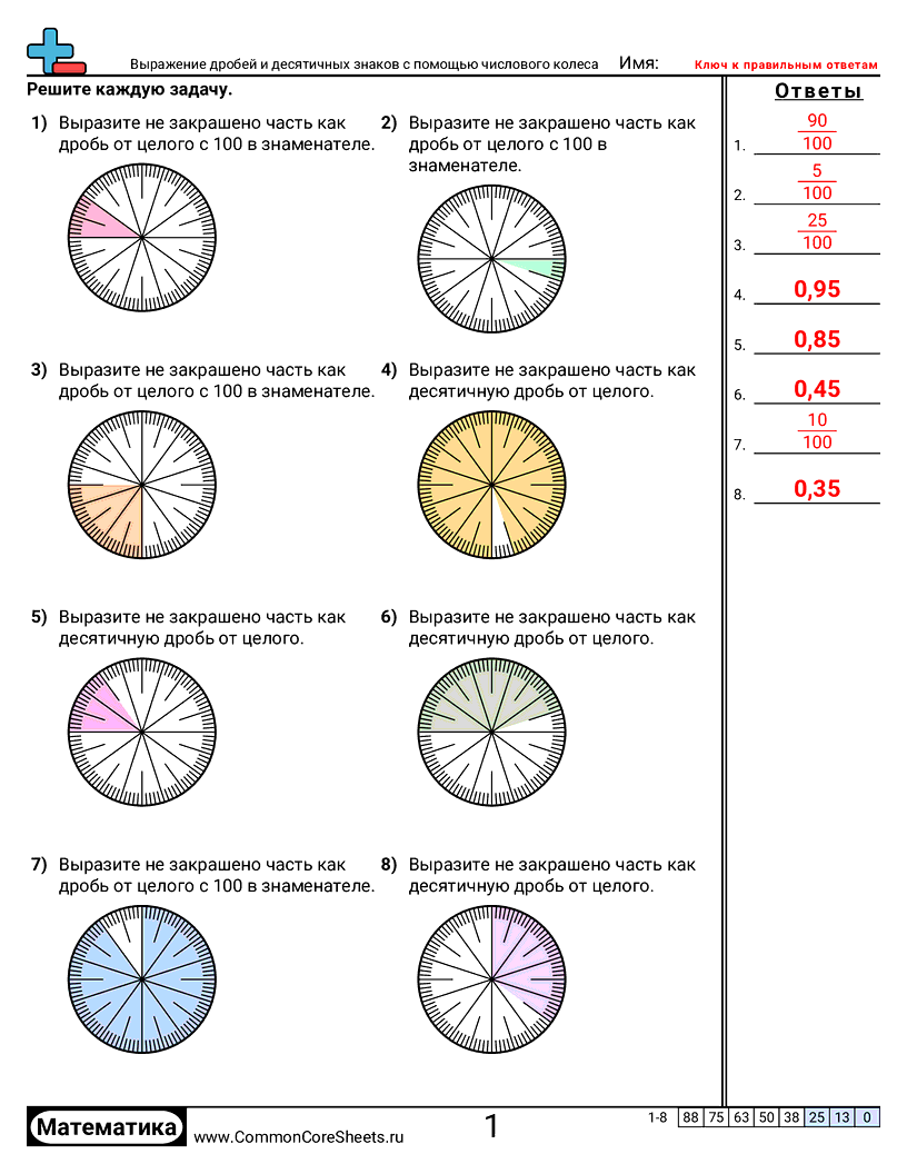 Рабочие Листы с Дробями - запись-дробей-и-десятичных-дробей-с-числами-на-колесе worksheet