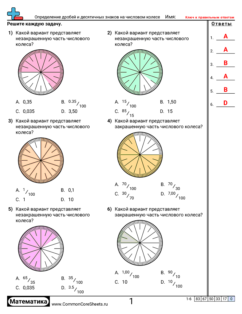 Рабочие Листы с Дробями - определение-дробей-и-десятичных-дробей-на-числовом-колесе worksheet