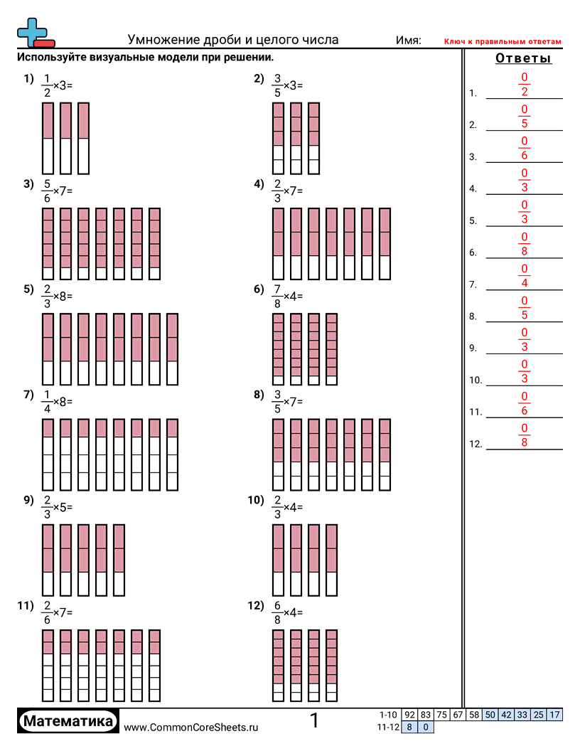 Рабочие Листы с Дробями - умножение-дробей-и-целых-чисел worksheet