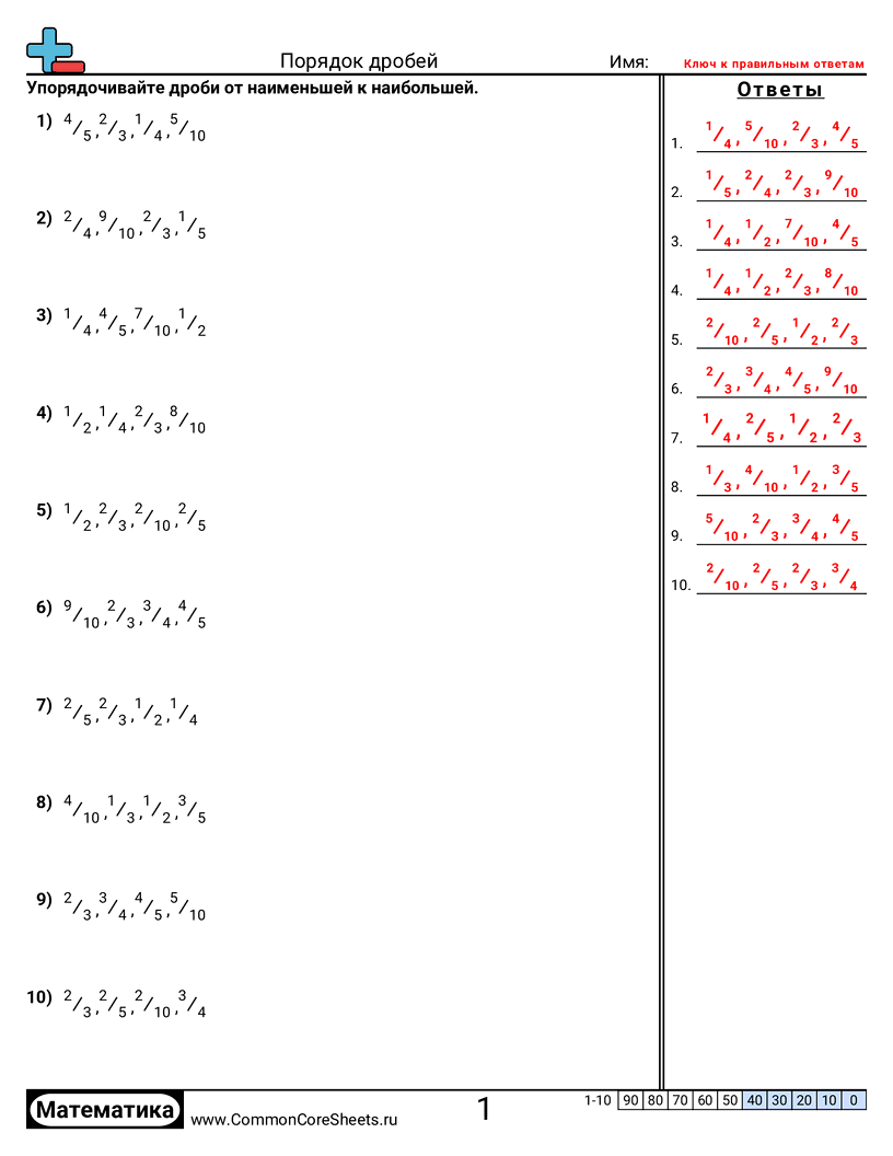 Рабочие Листы с Дробями - упорядочивание-дробей worksheet