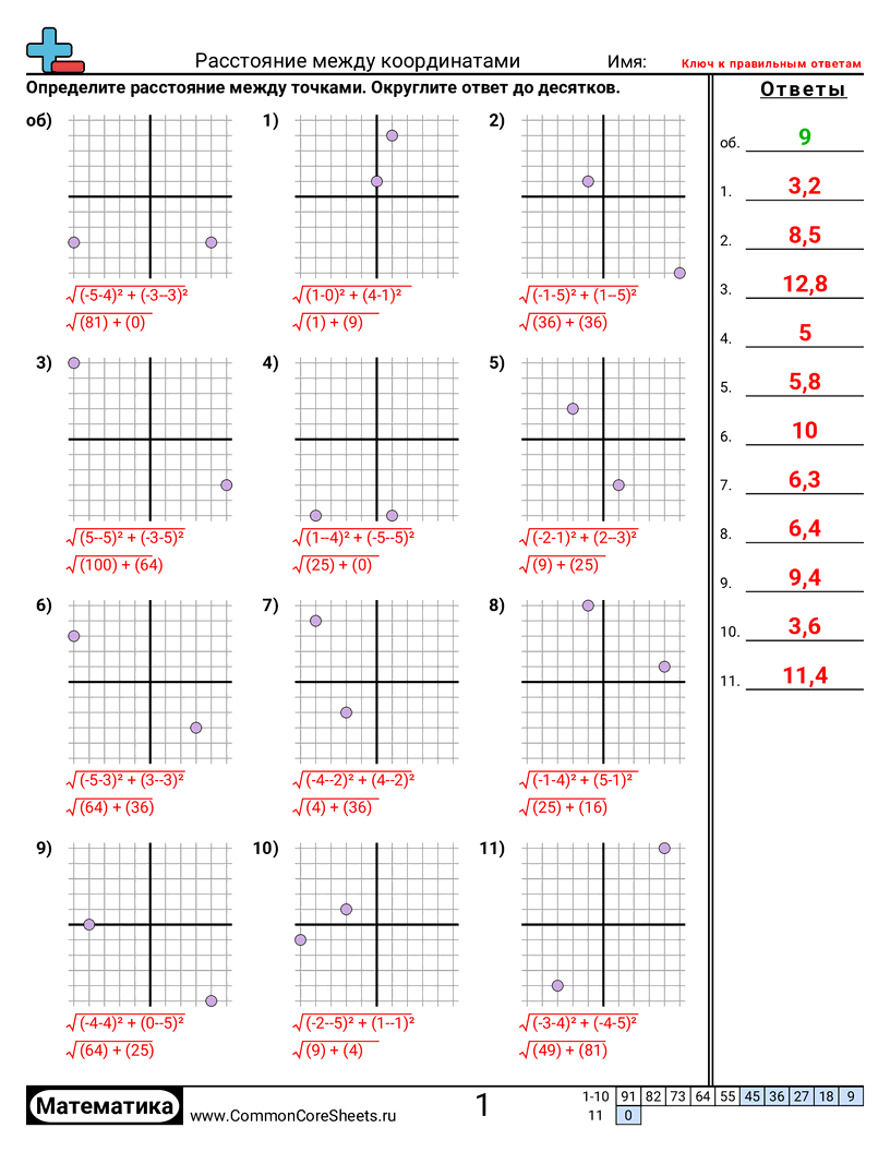 Рабочие Листы с Сетками Координат - нахождение-расстояния-разные-x-и-y worksheet