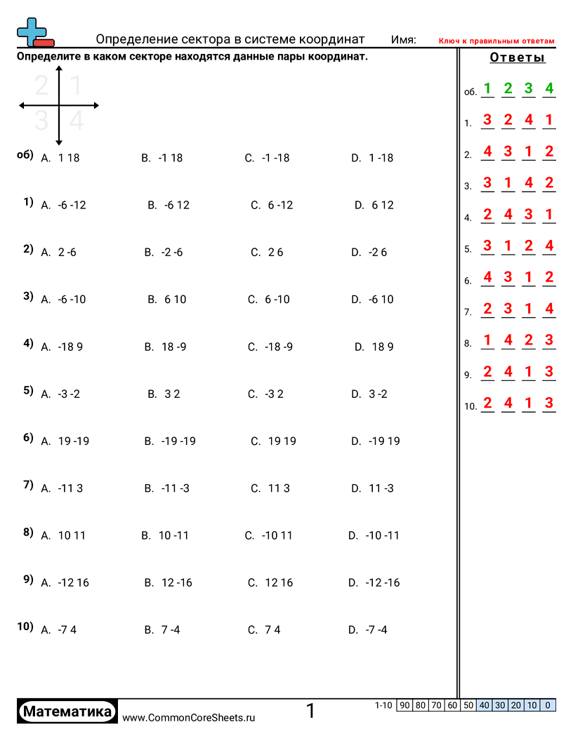 Рабочие Листы с Сетками Координат - нахождение-квадранта-по-координатам worksheet