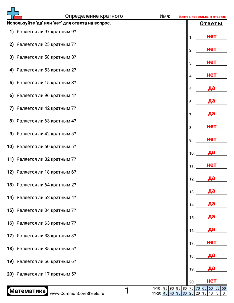Рабочие Листы на Умножение - кратные-в-пределах-100 worksheet