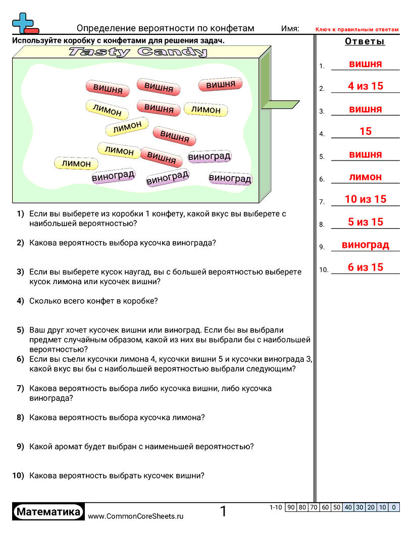 Рабочие Листы на Вероятность - конфеты worksheet