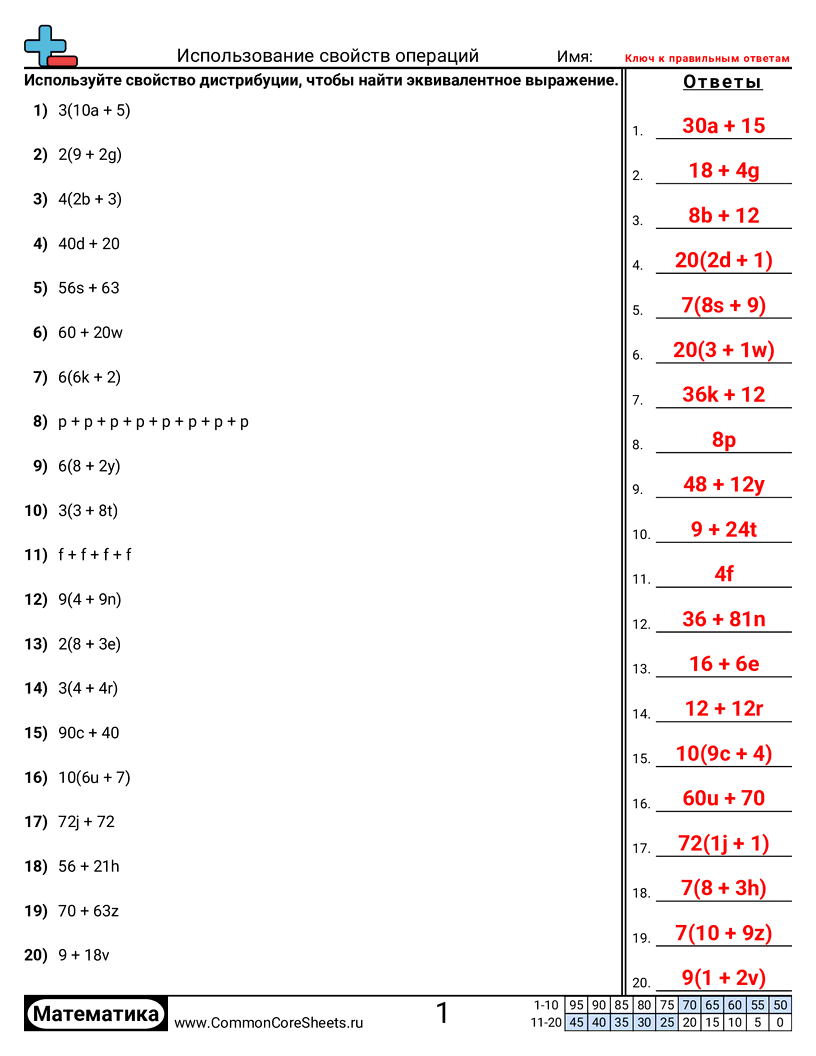Рабочий Лист с Законами Вычисления - Использование свойств при решениях worksheet